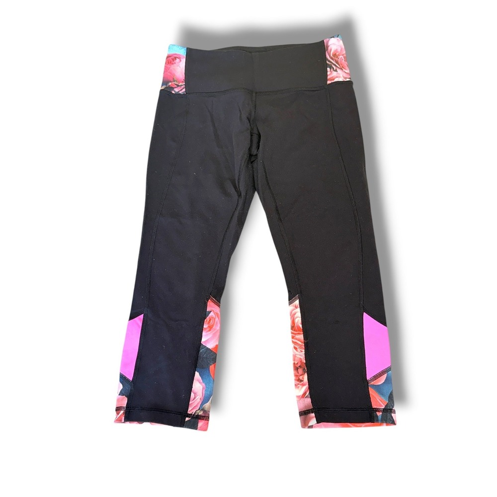 Lululemon Embody Crop Full On Luon Leggings 6‎ Black Secret Garden Pow Pink